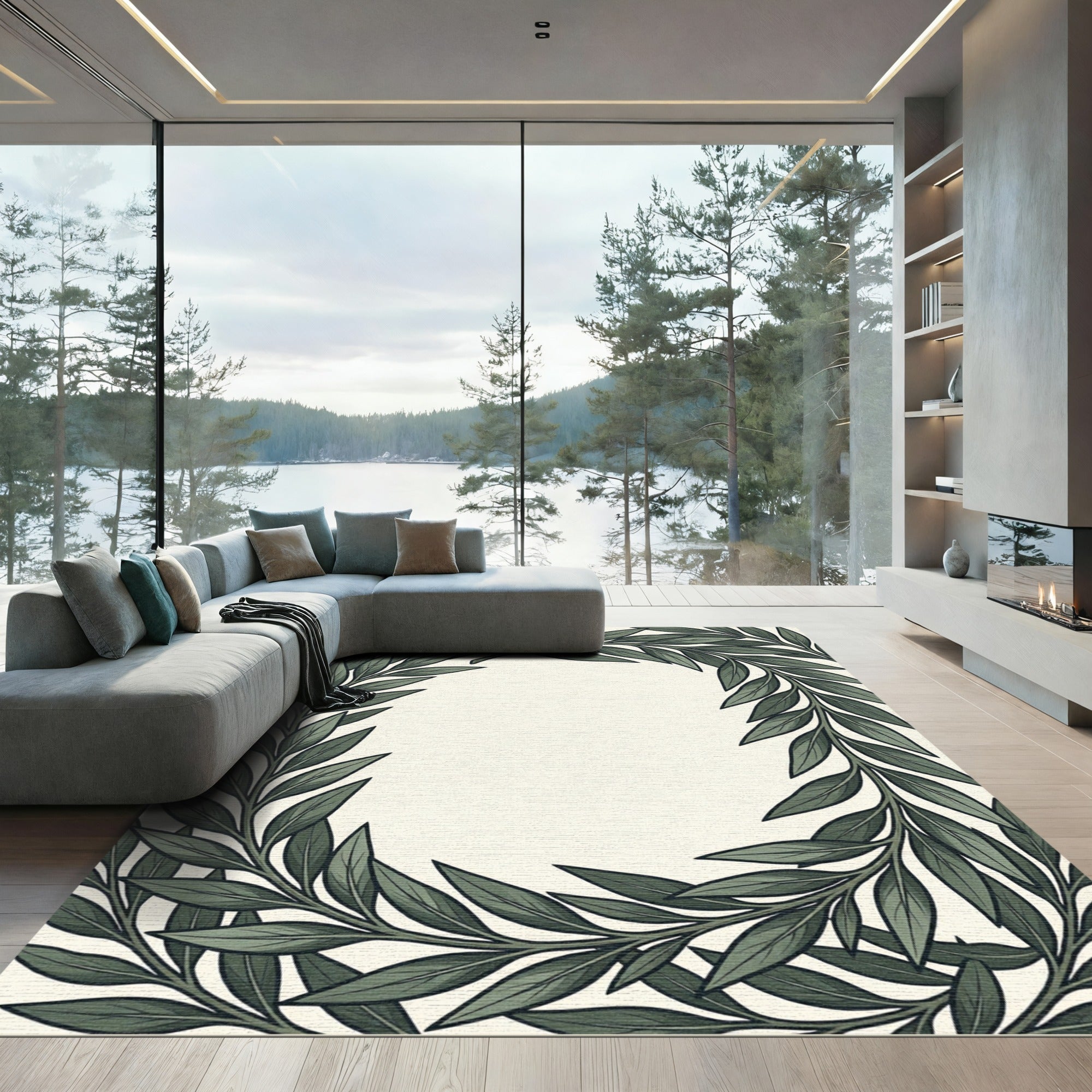 Deep Green Leafy Wreath Frame Rug