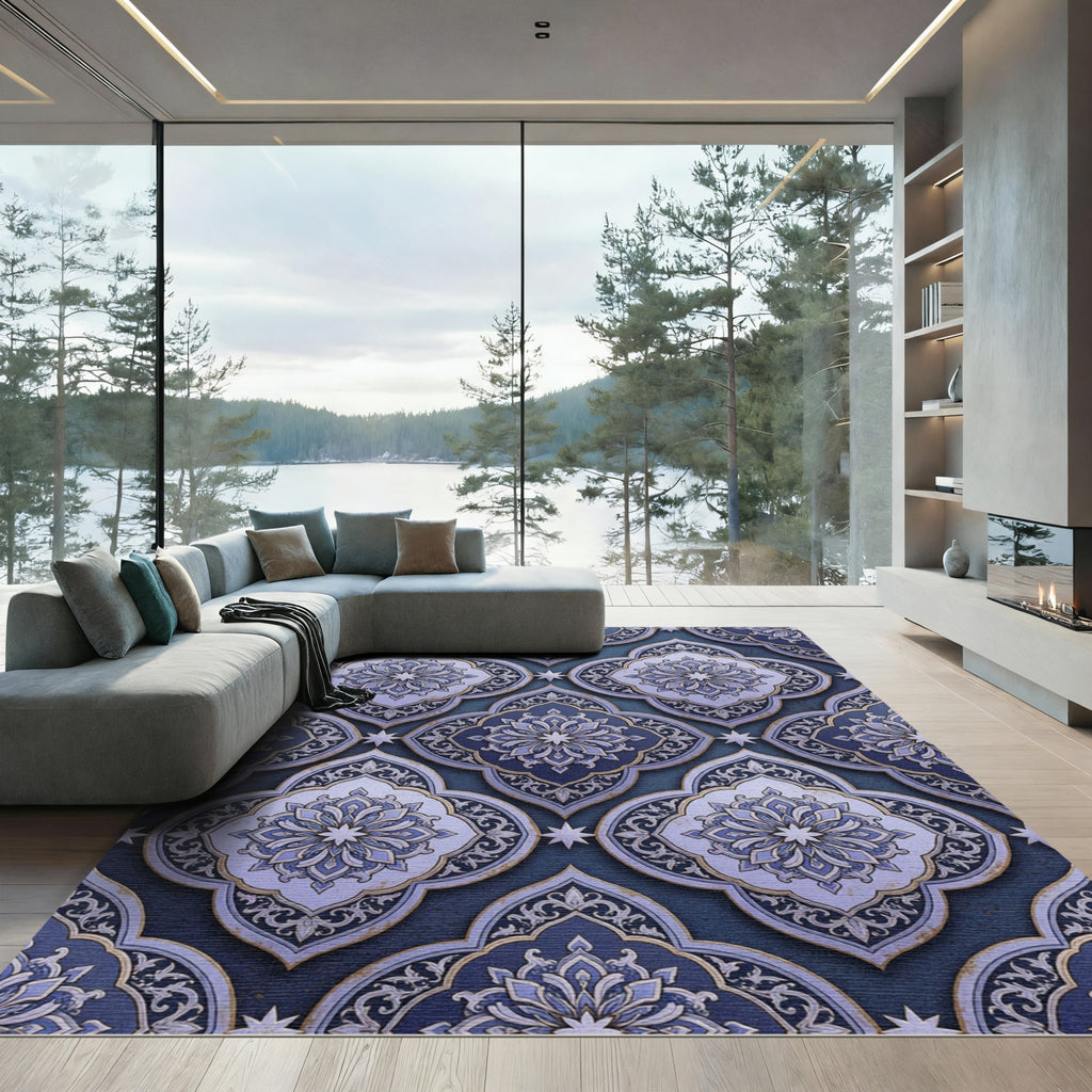 Deep Indigo Floral Arabesque Arrangement Rug