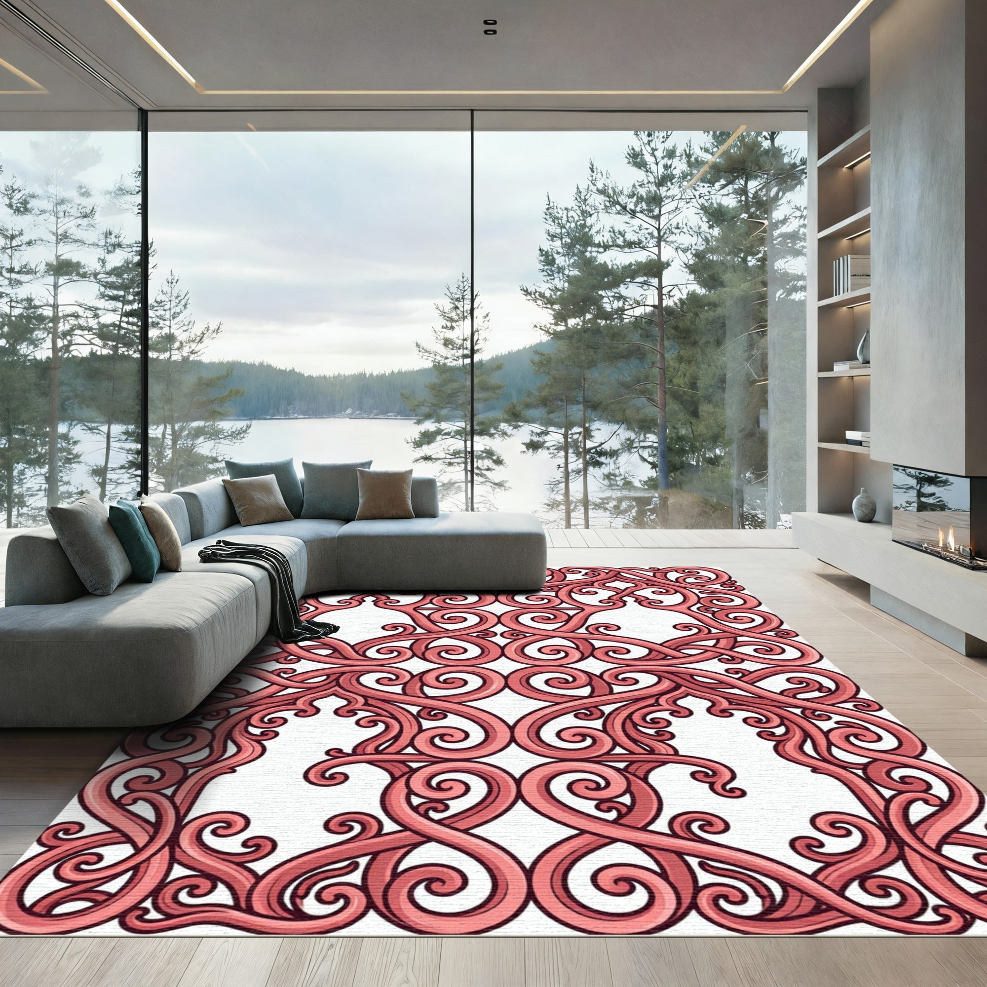 Elegant Dusty Rose Ornate Scroll Rug