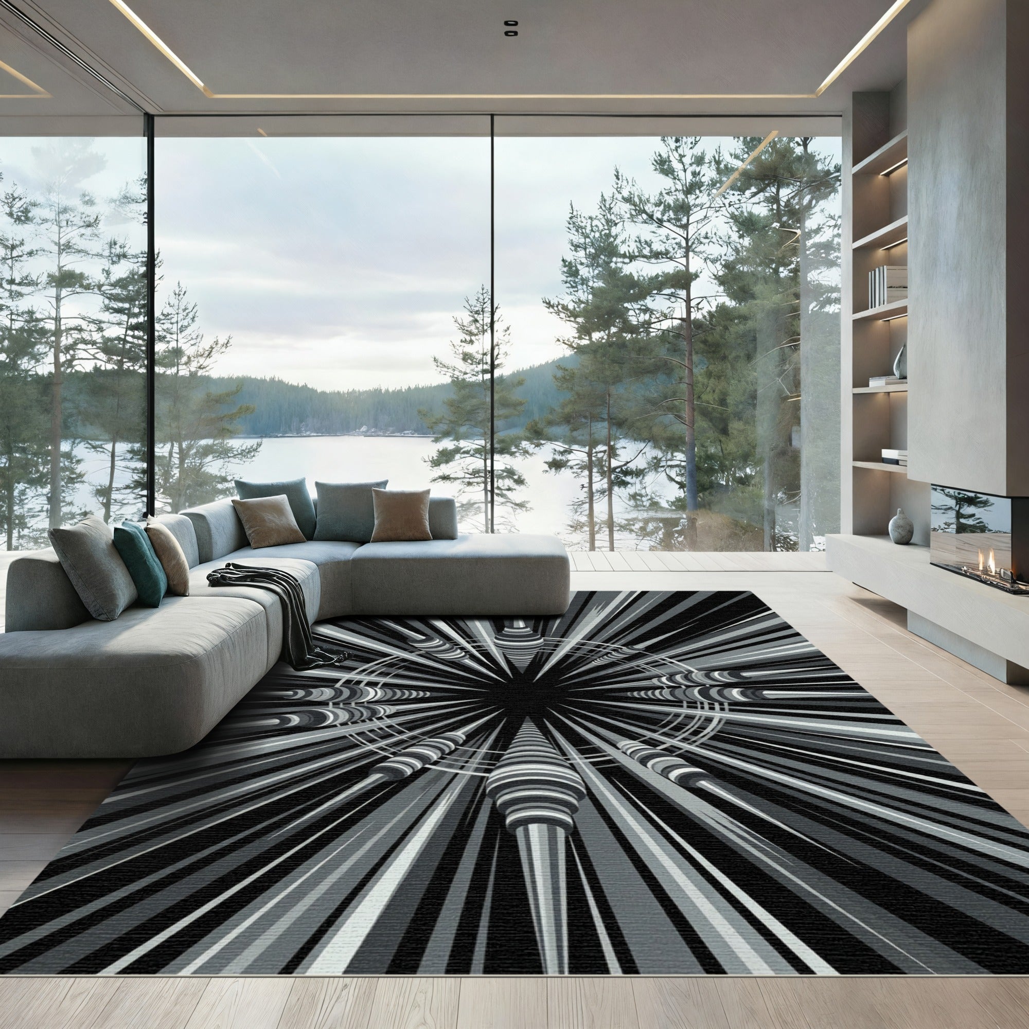 Monochrome Geometric Radial Starburst Art Rug