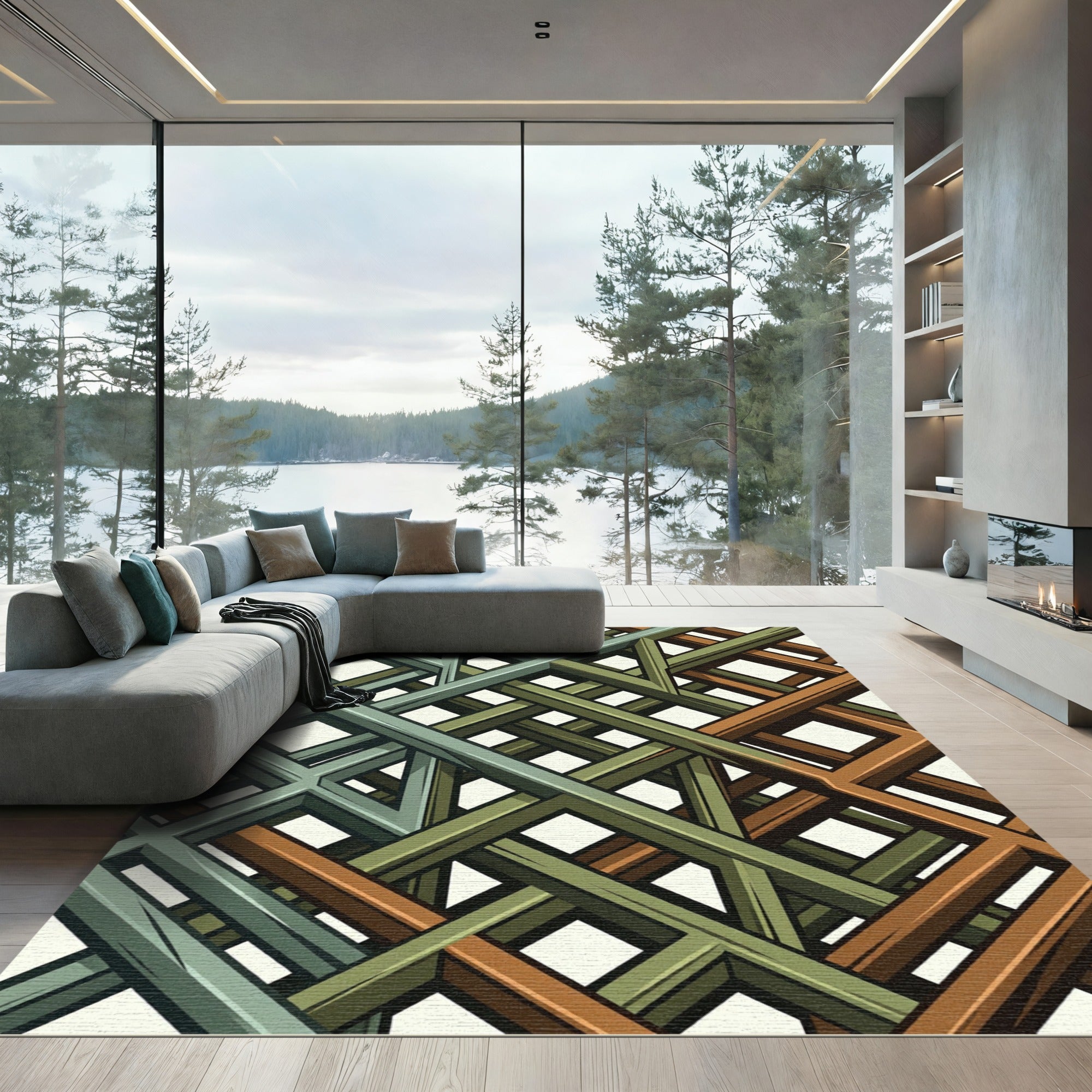 Geometric Copper and Sage Interlaced Lattice Rug