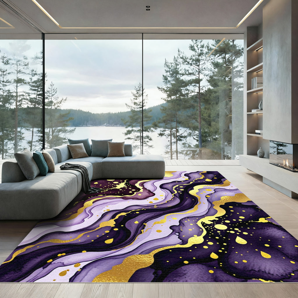 Violet And Gold Marble Flow Abstract Rug