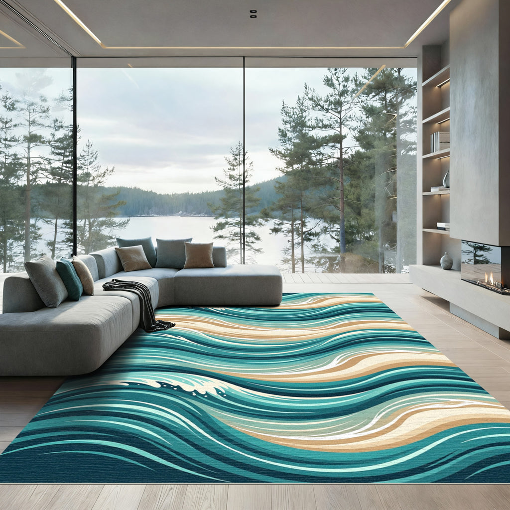 Contemporary Teal and Beige Swirling Waves Rug