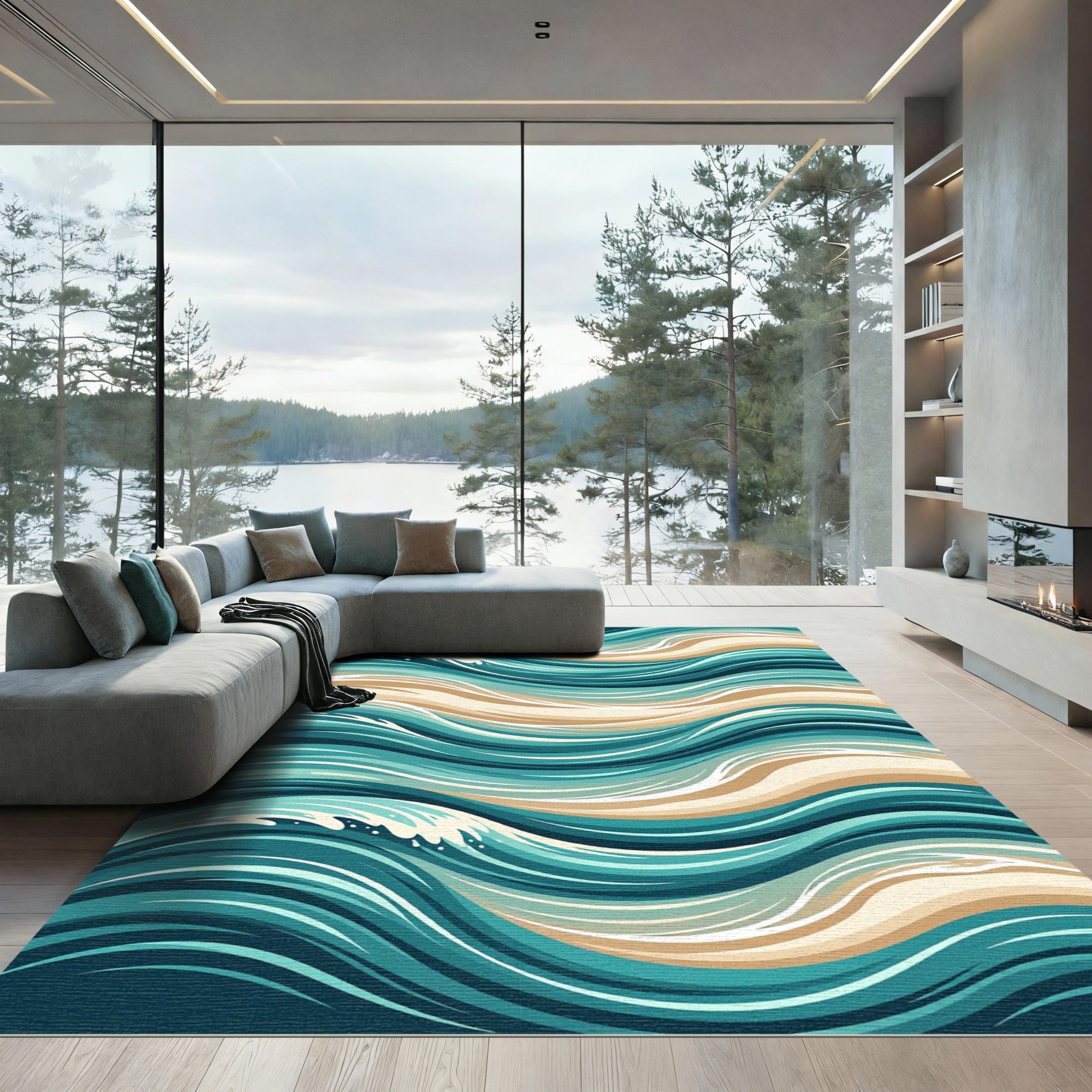 Contemporary Teal and Beige Swirling Waves Rug