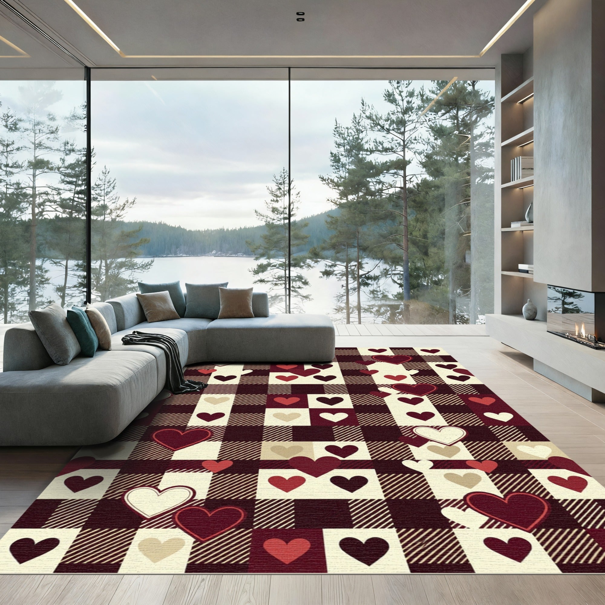 Rustic Red Cream Heart Buffalo Check Rug
