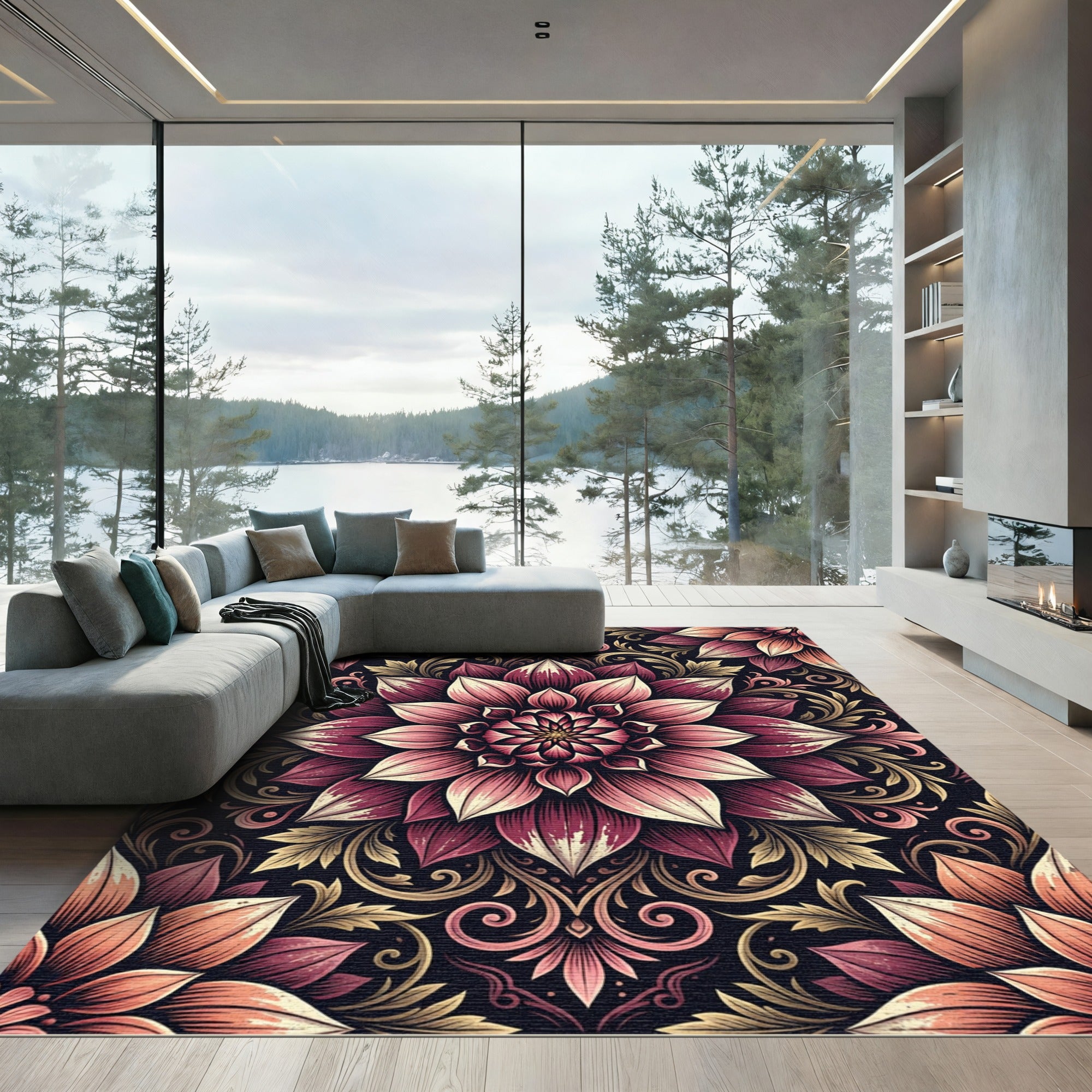 Burgundy Dahlia Floral Medallion Scroll Rug