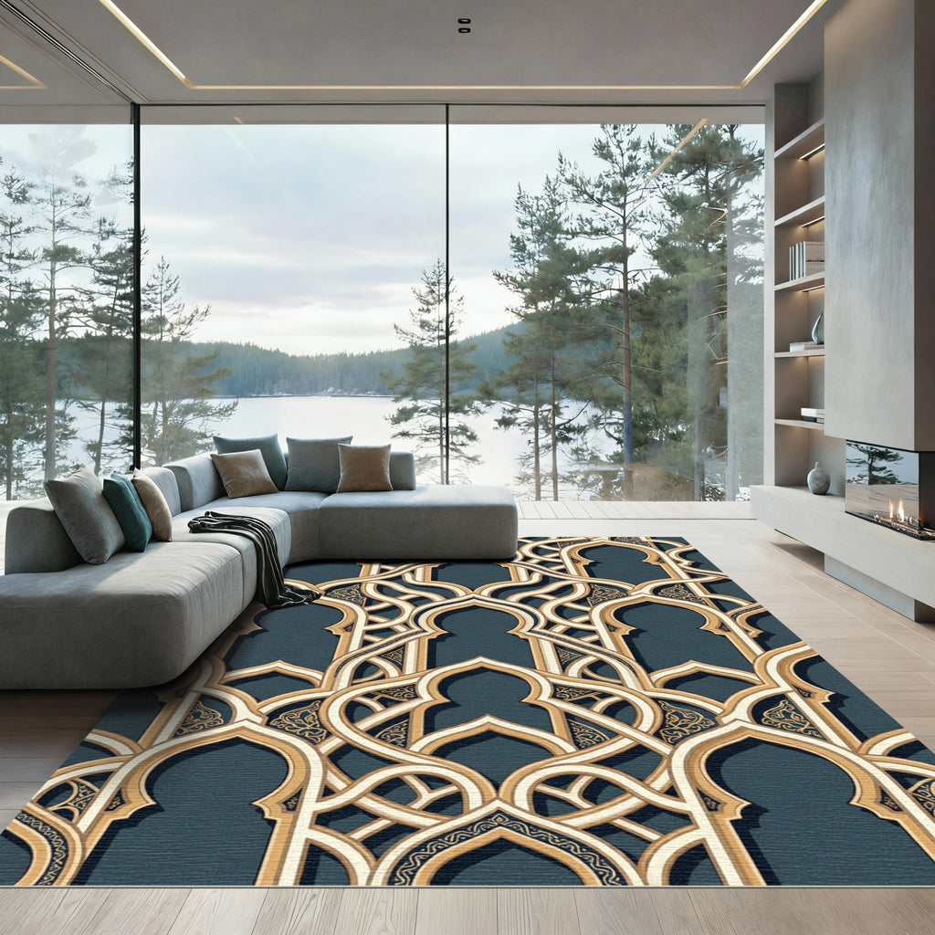 Gold Intricate Arch Lattice Navy Area Rug
