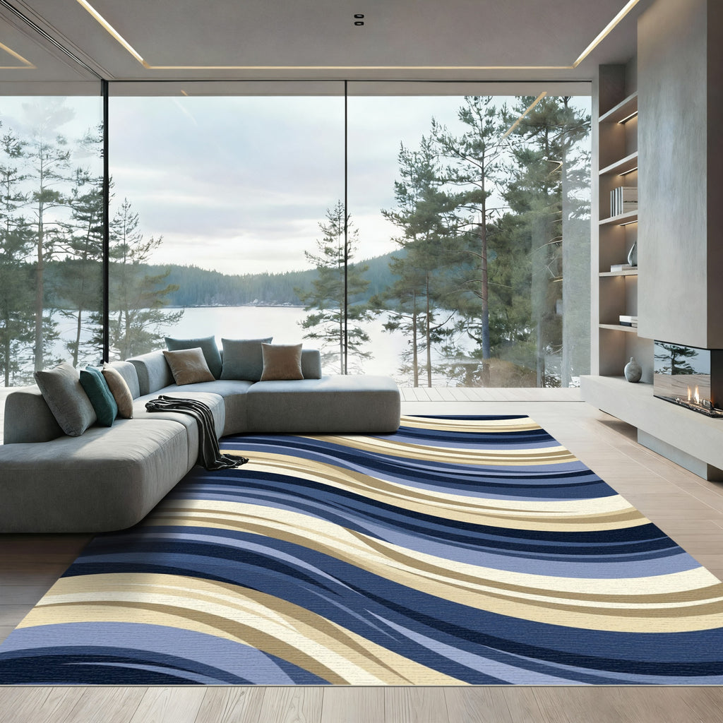 Modern Navy Gold Wavy Striped Art Rug
