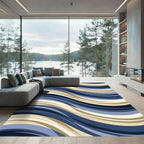 Modern Navy Gold Wavy Striped Art Rug