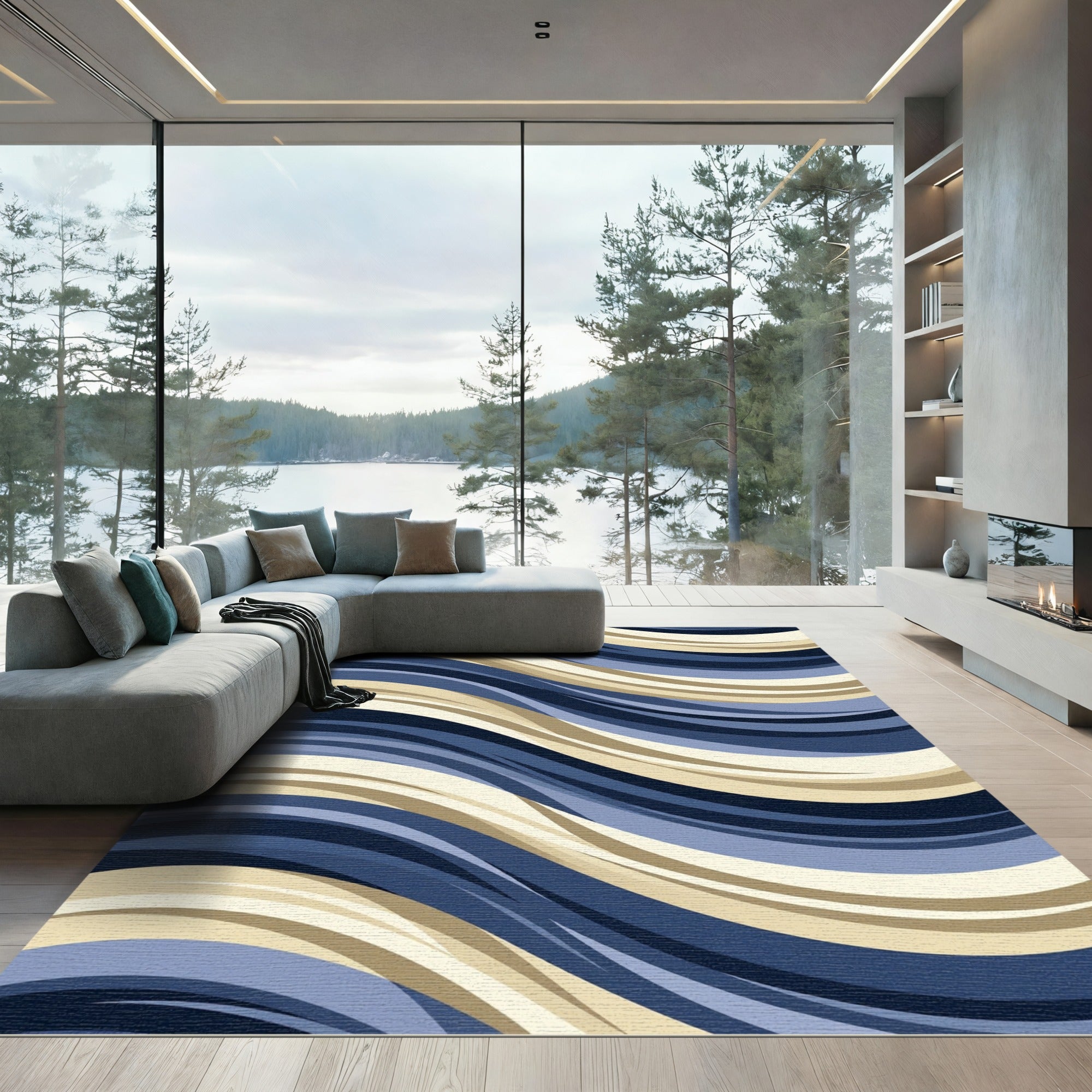 Modern Navy Gold Wavy Striped Art Rug