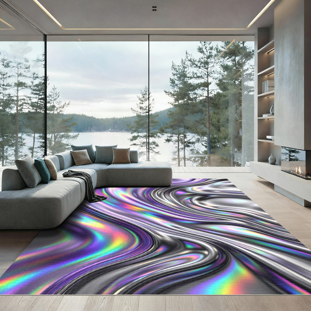 Iridescent Liquid Chrome Swirl Wave Rug
