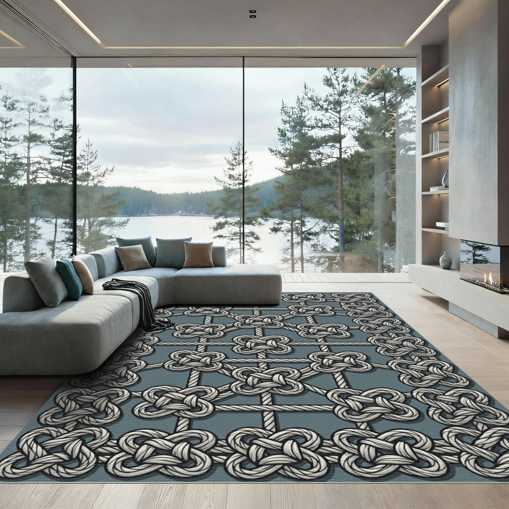 Gray Knotwork Geometric Grid Rug
