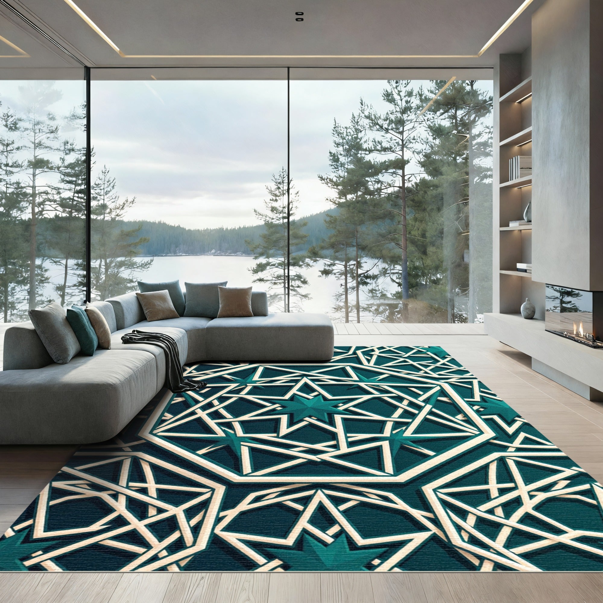 Teal Geometric Star Octagon Rug