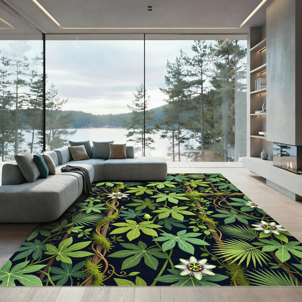 Lush Green Tropical Passion Flower Trellis Rug