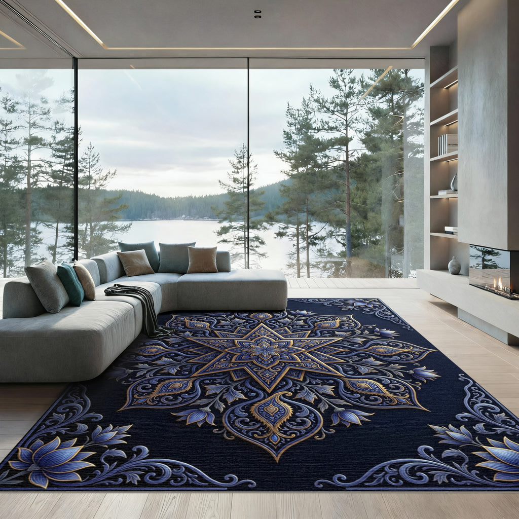 Ornate Blue and Gold Floral Mandala Rug