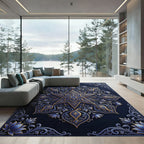 Ornate Blue and Gold Floral Mandala Rug