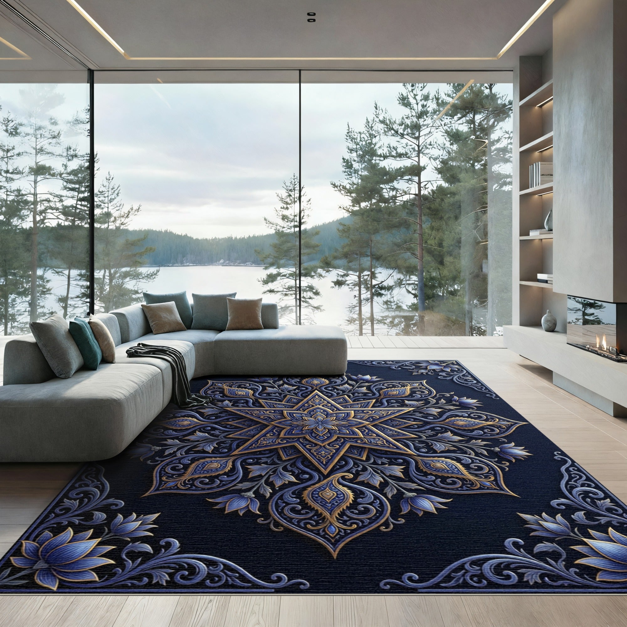 Ornate Blue and Gold Floral Mandala Rug