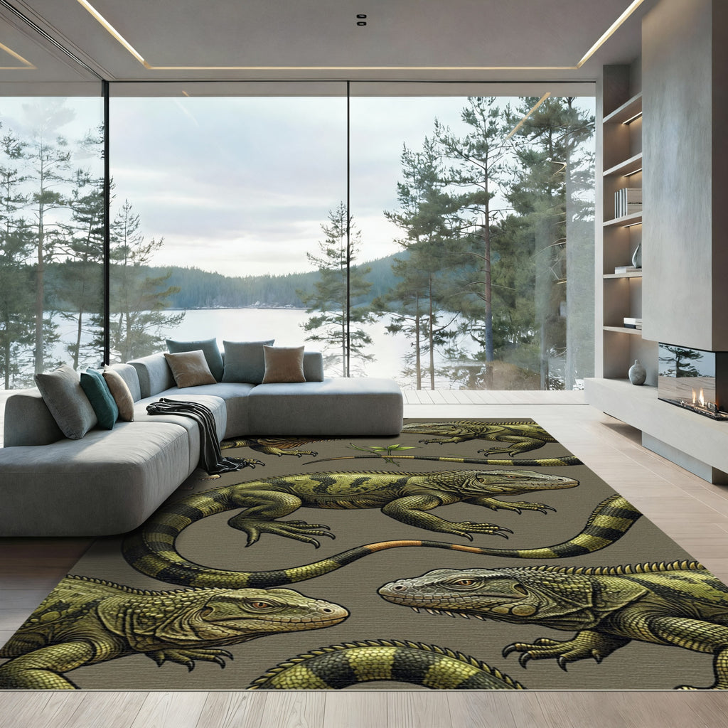 Detailed Olive Green Iguana Reptile Illustration Rug