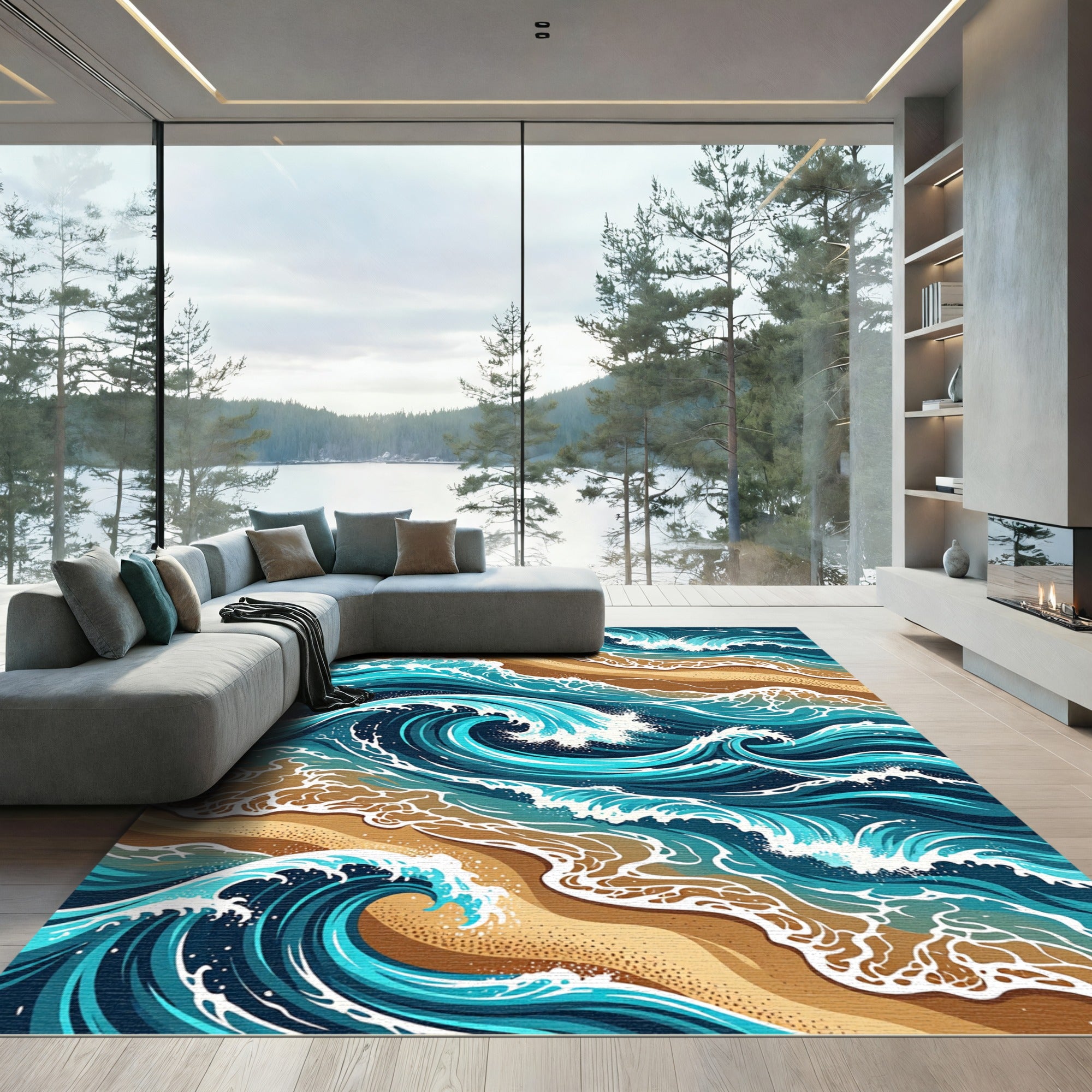 Abstract Azure Ocean Waves Rug
