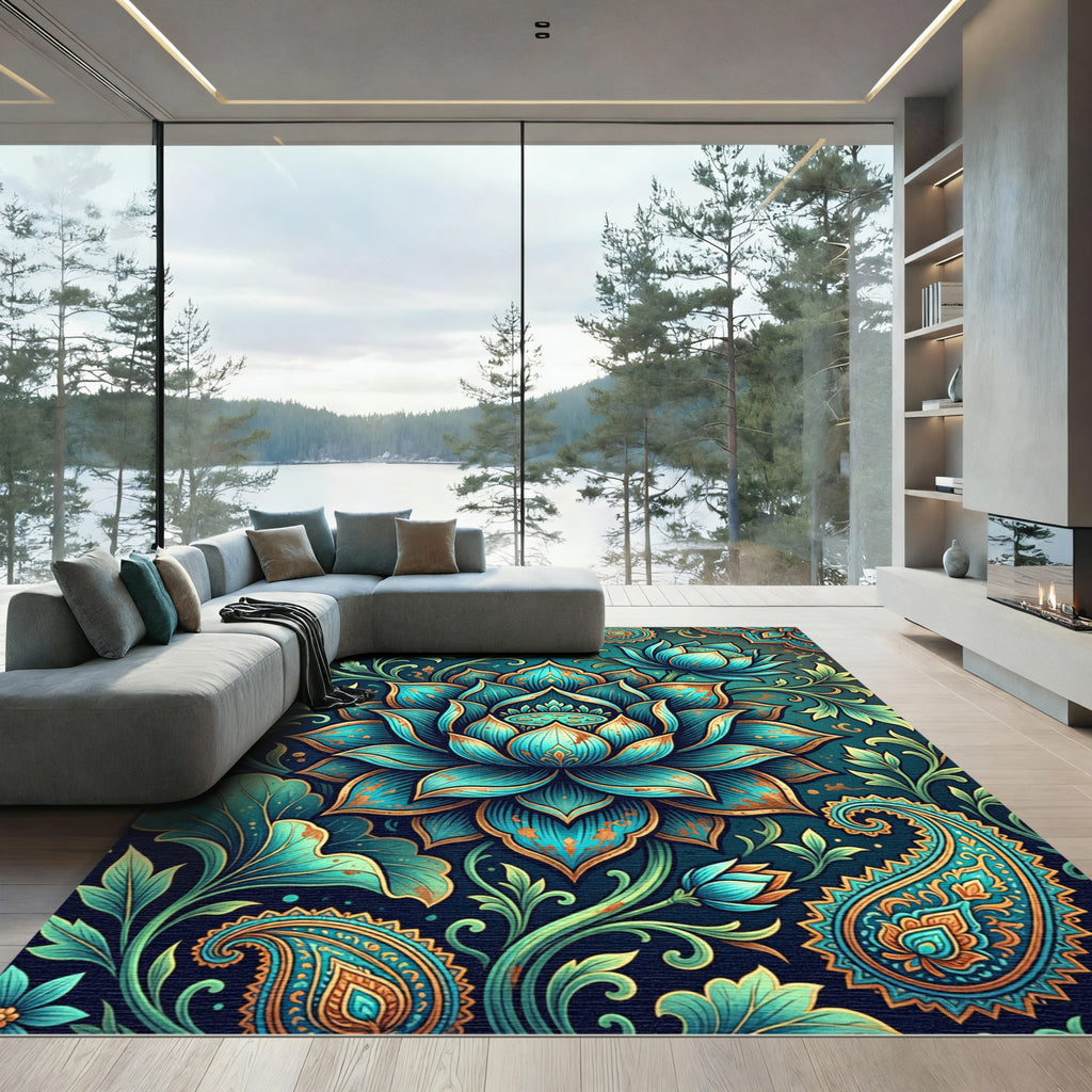 Turquoise Golden Lotus Paisley Floral Rug