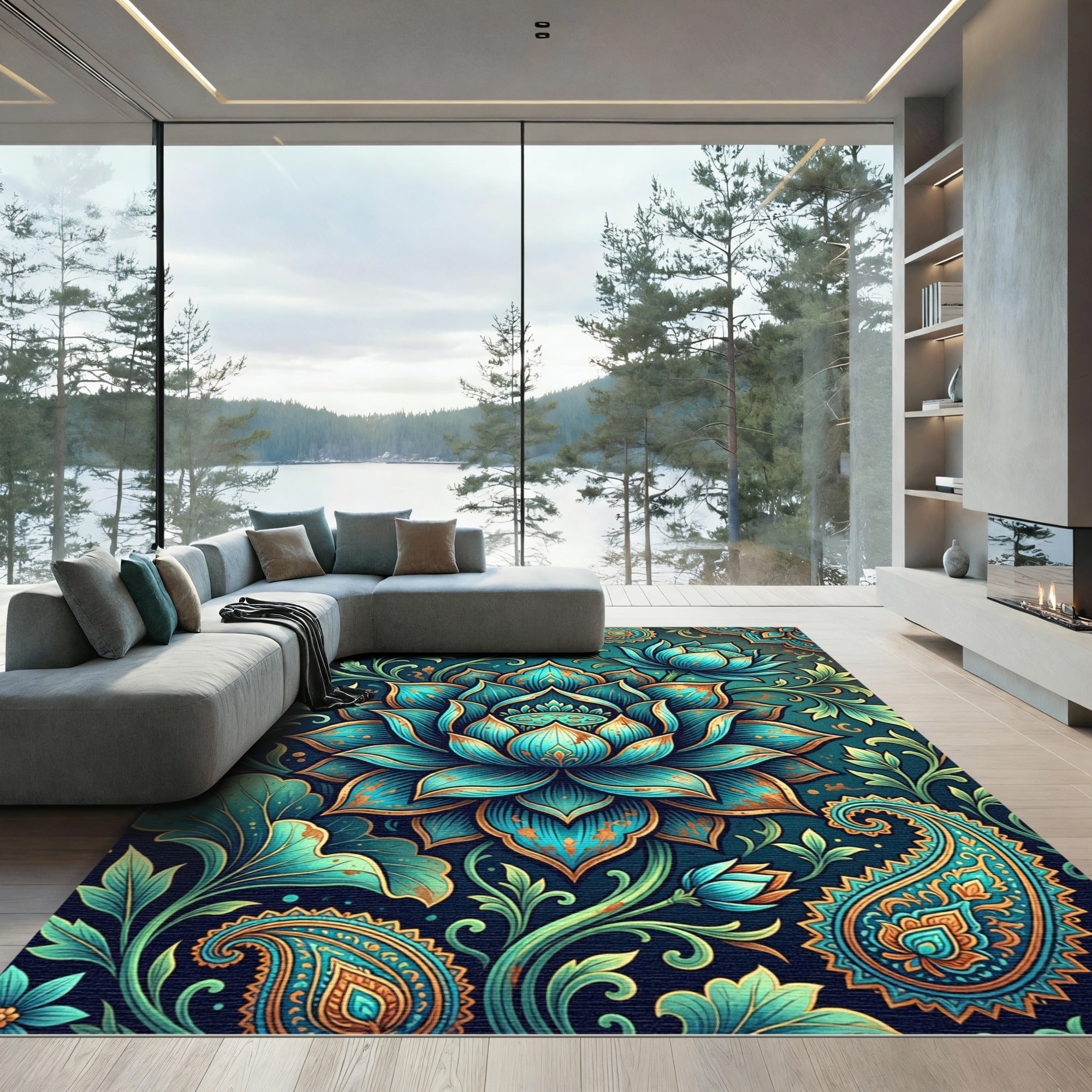 Turquoise Golden Lotus Paisley Floral Rug