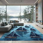 Navy Nautical Sailboat Maritime Scene Rug