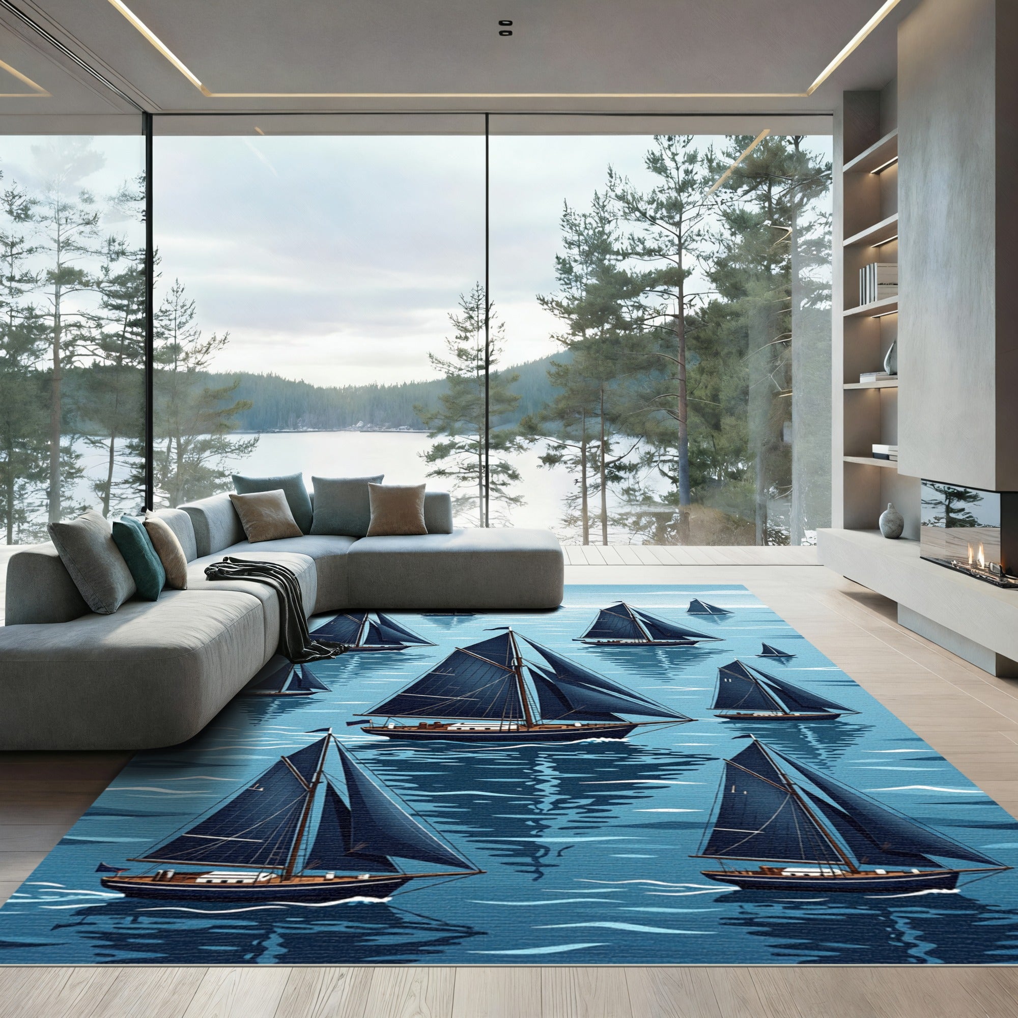 Navy Nautical Sailboat Maritime Scene Rug