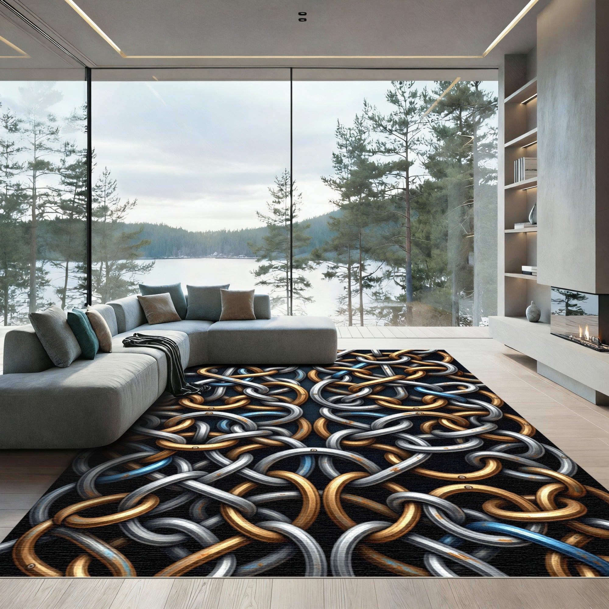 Interwoven Metallic Gold and Silver Links Rug