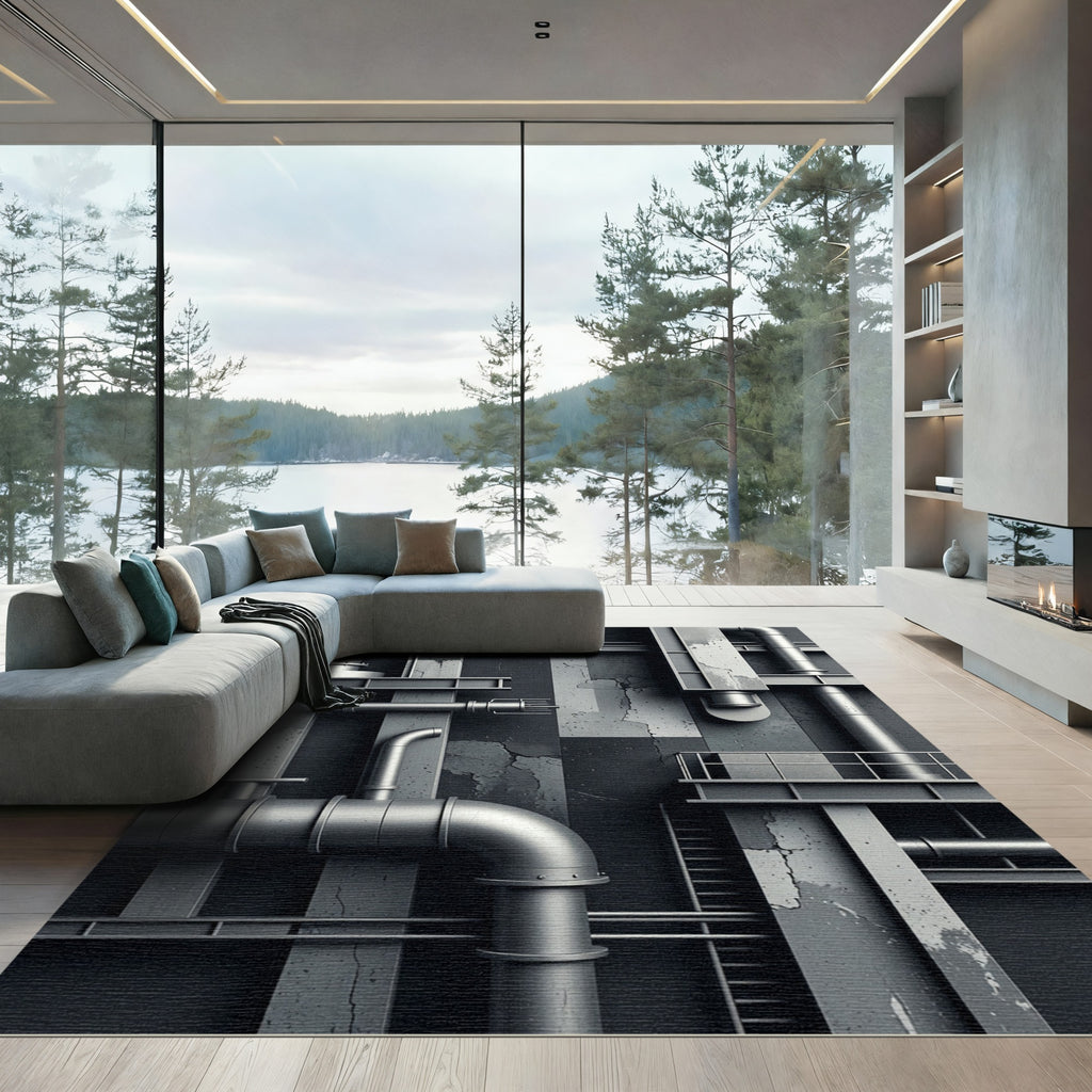 Industrial Monochrome Steel Pipe Grid Rug