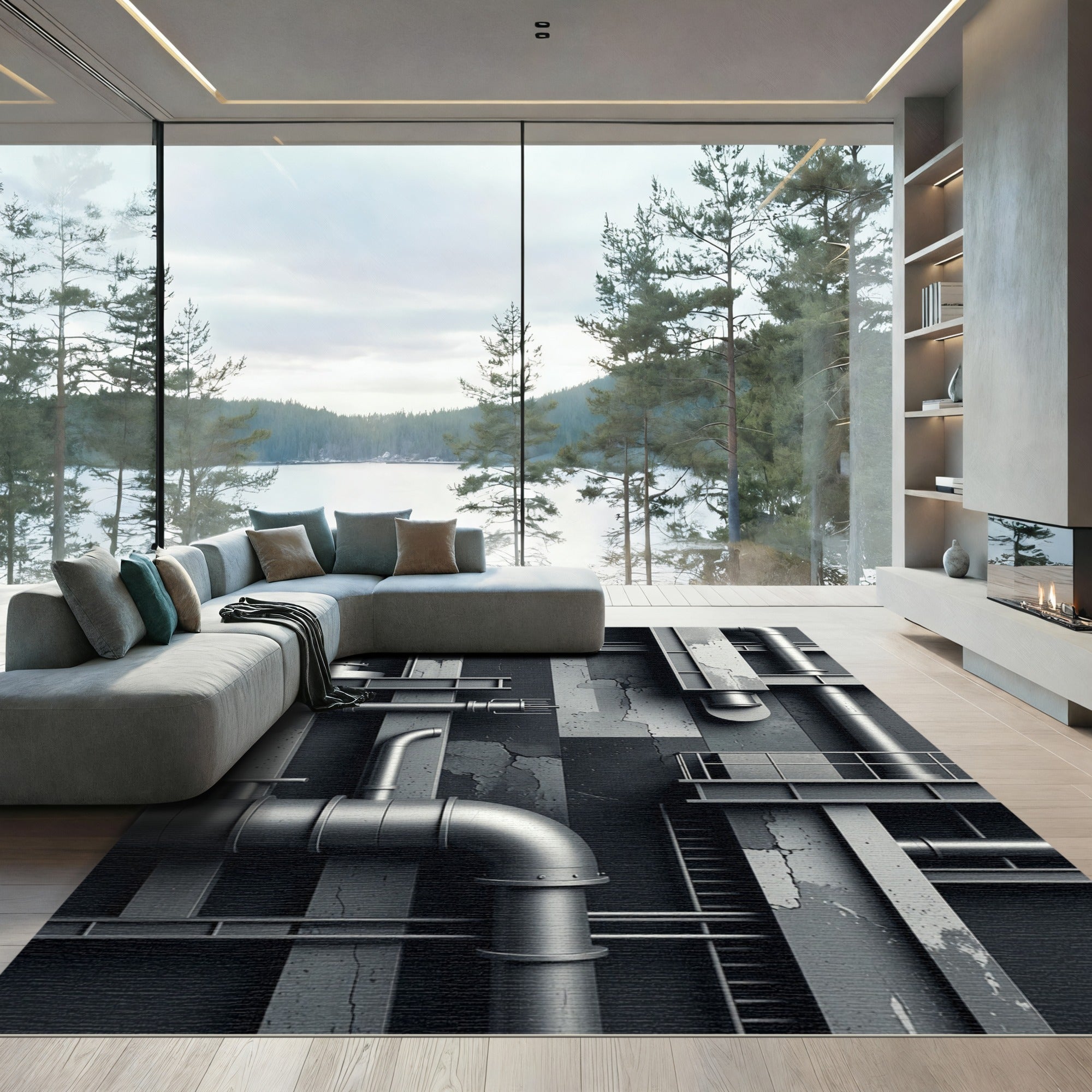 Industrial Monochrome Steel Pipe Grid Rug