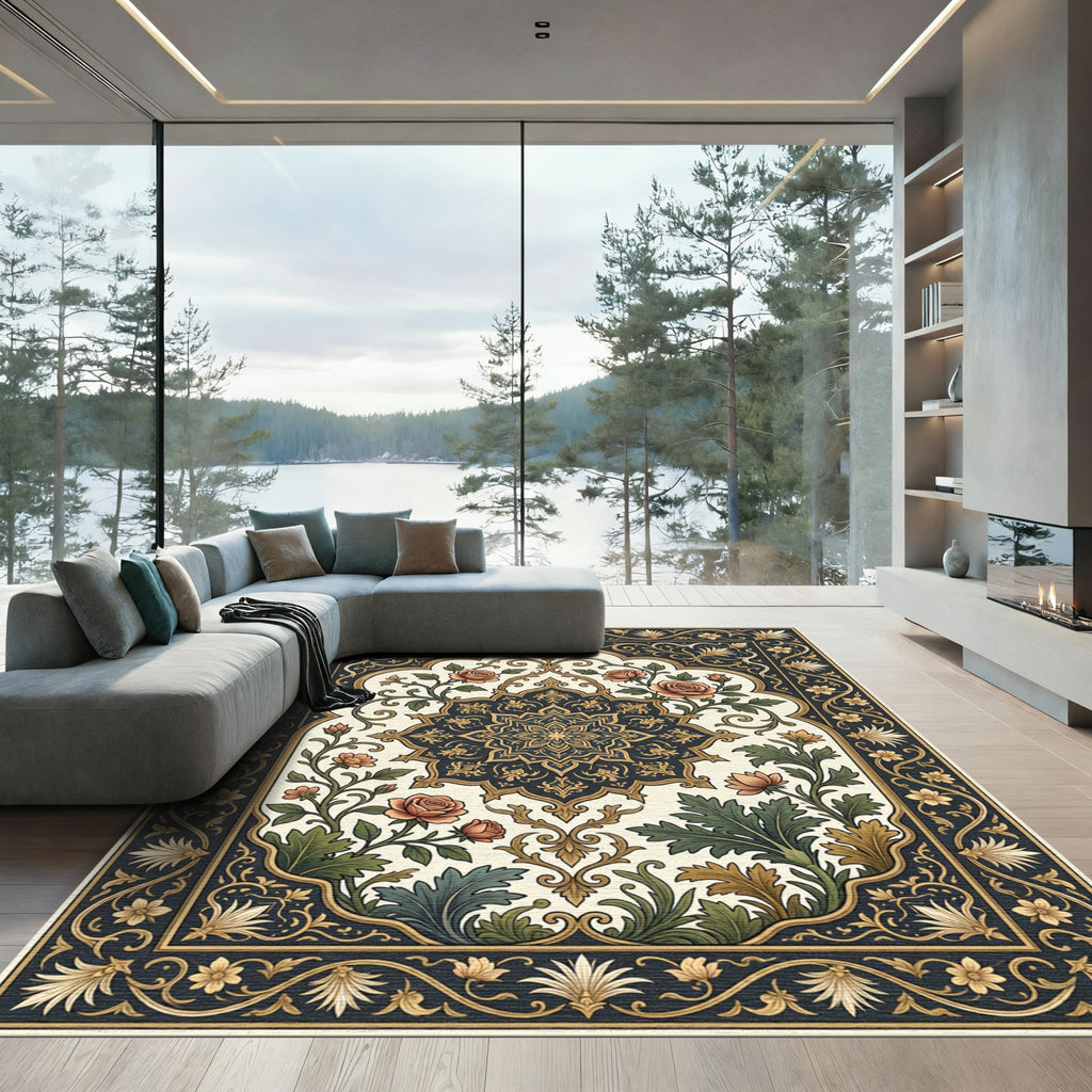 Elegant Navy Rose And Gold Medallion Rug
