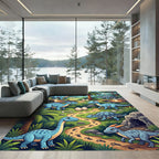 Whimsical Blue Dinosaur Prehistoric Tropical Jungle Rug