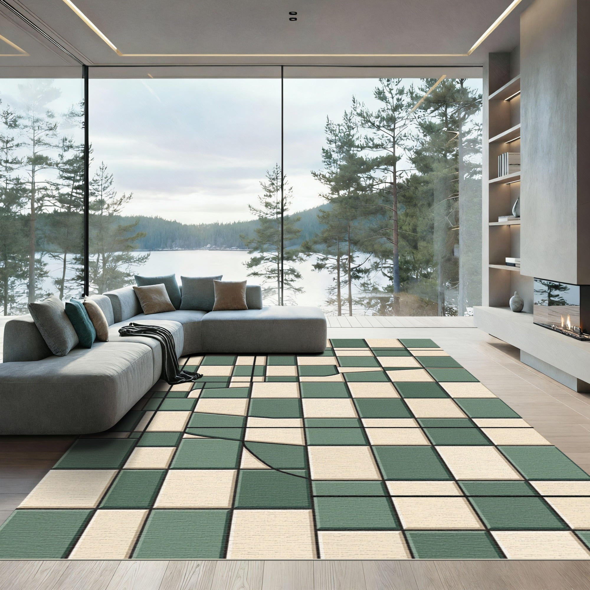 Sage and Cream Geometric Grid Rug