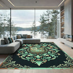 Ornate Emerald Foliage Heraldic Crest Rug