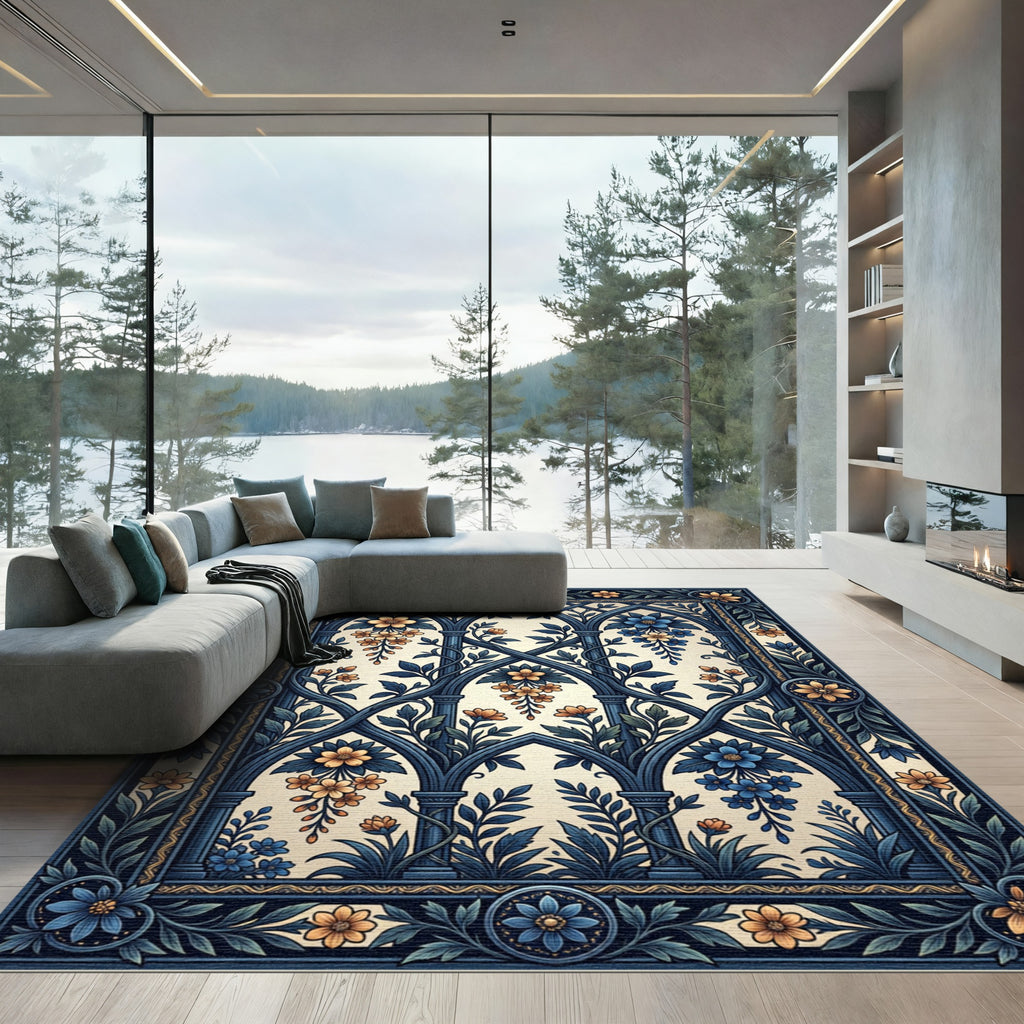 Blue Gothic Floral Trellis Enchantment Rug