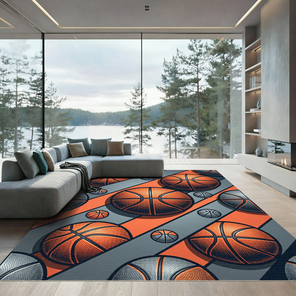 Dynamic Orange and Gray Basketball Geometric Rug