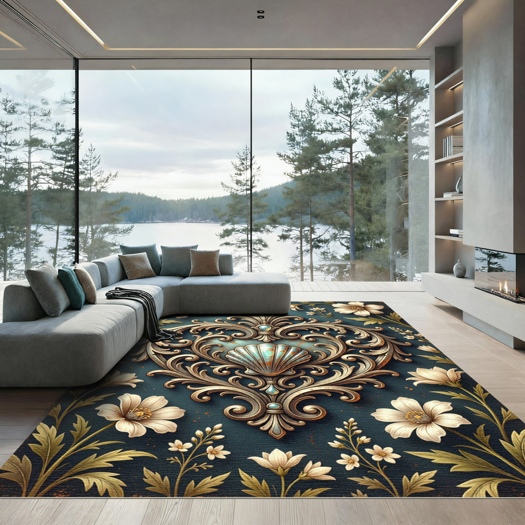 Ornate Scallop Shell Floral Teal Rug