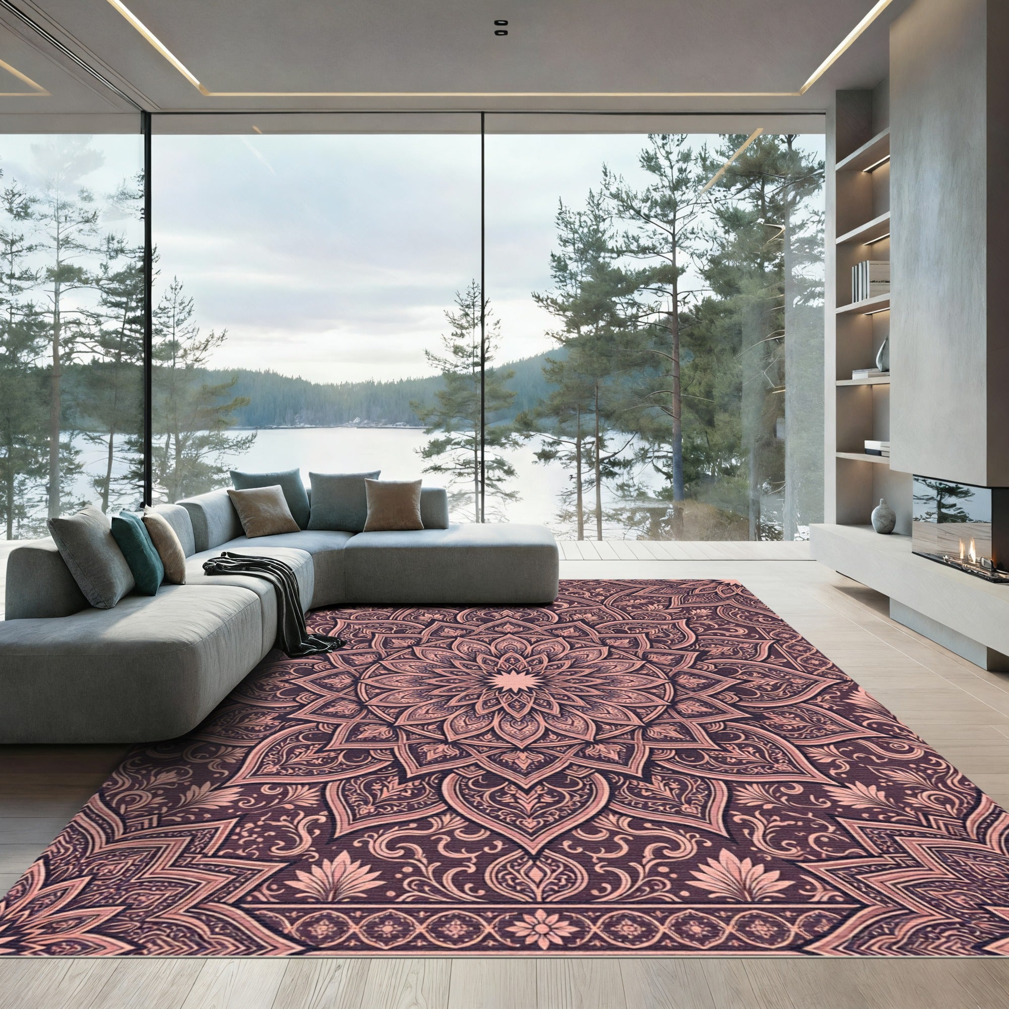 Muted Rose Floral Mandala Intricate Rug