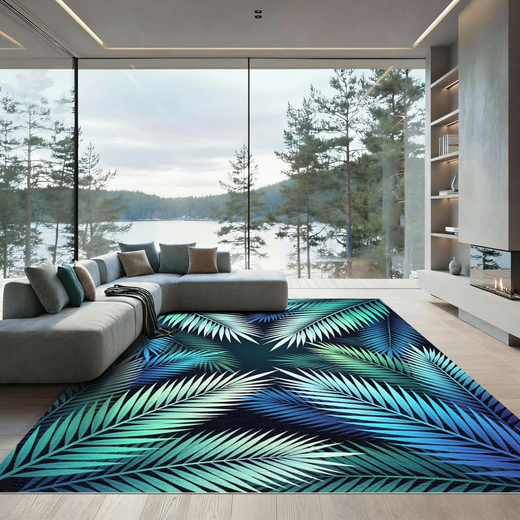 Teal Blue Palm Frond Cluster Rug