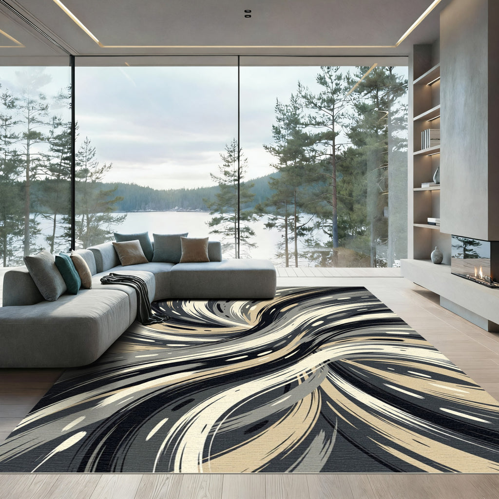 Abstract Swirl Gold Gray Black Rug