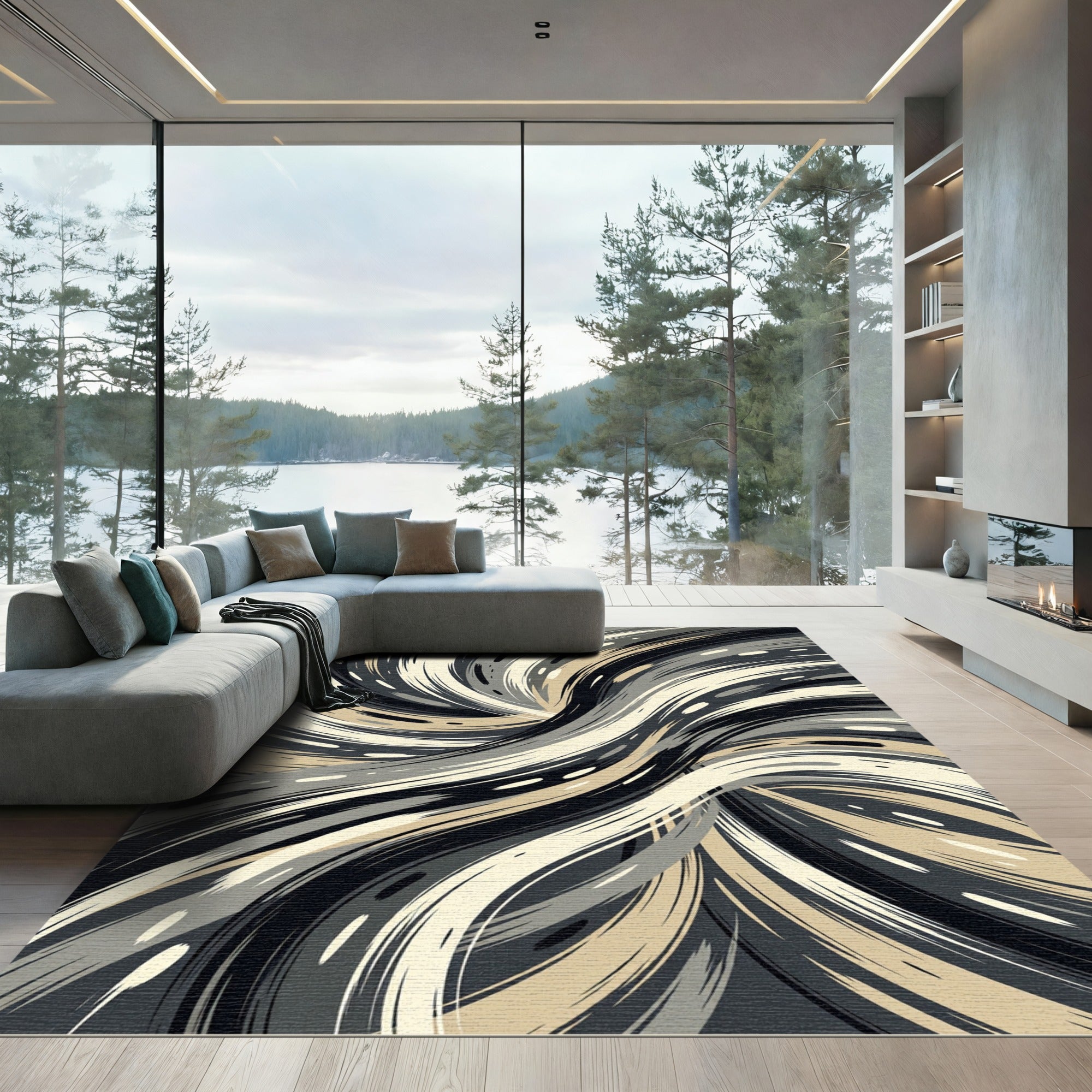 Abstract Swirl Gold Gray Black Rug