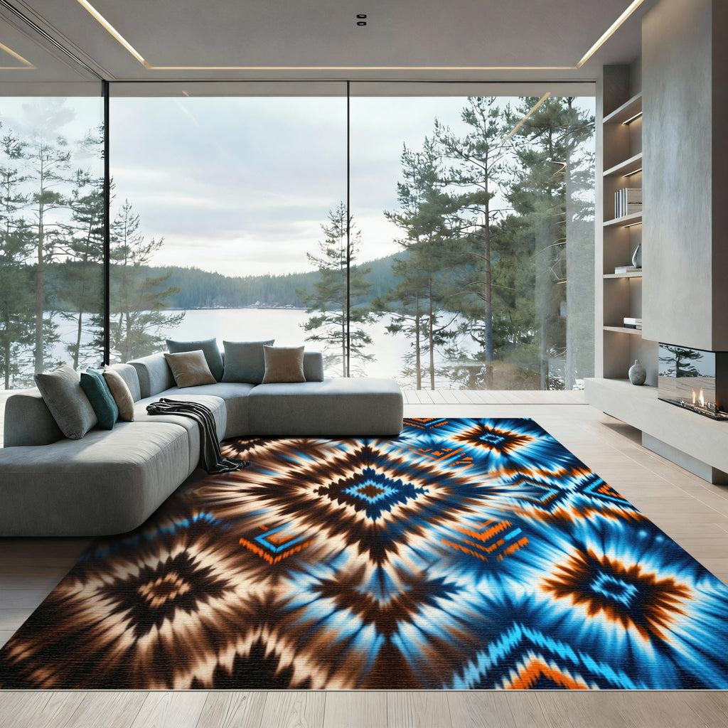 Vibrant Blue and Copper Southwest Diamond Rug