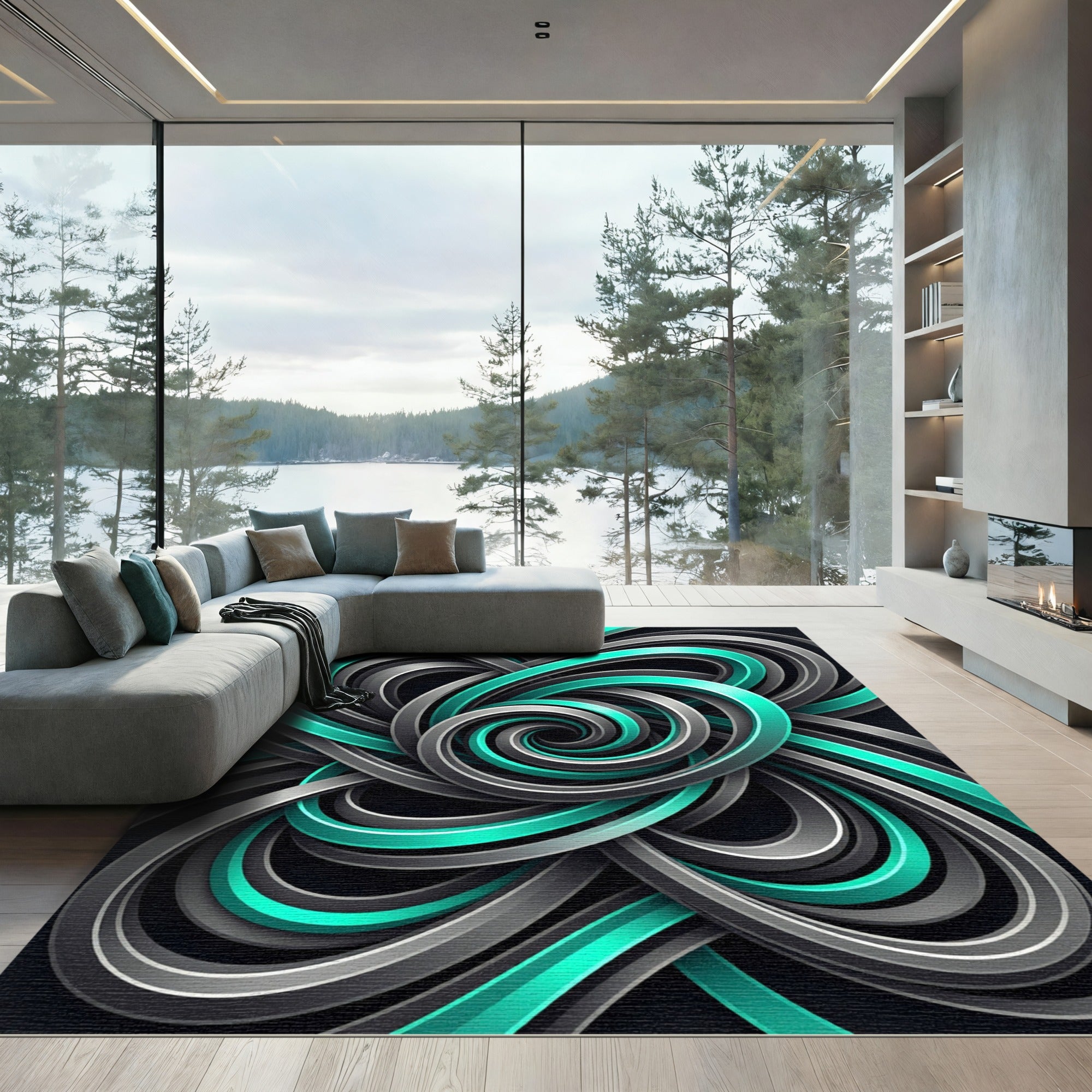 Modern Cyan and Charcoal Swirling Abstract Rug