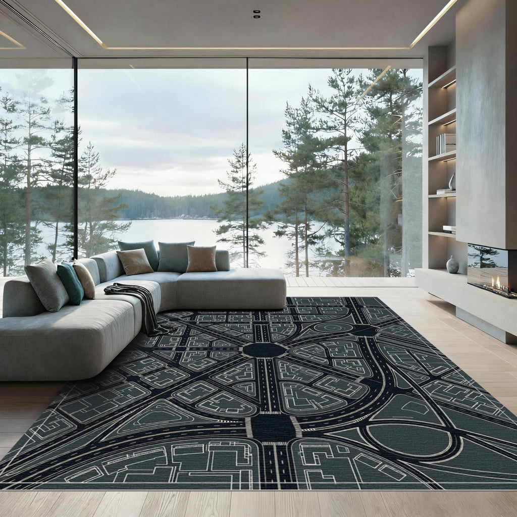 Dark Urban Cityscape Aerial Road Layout Rug