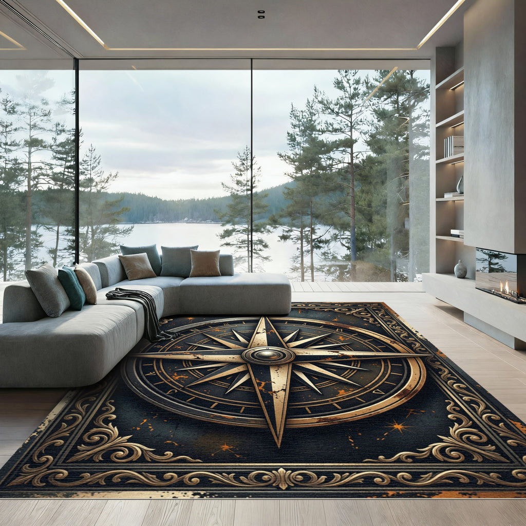 Gilded Compass Rose Antique Gold Rug