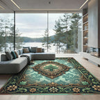 Ornate Sage Green Faux Antique Medallion Rug