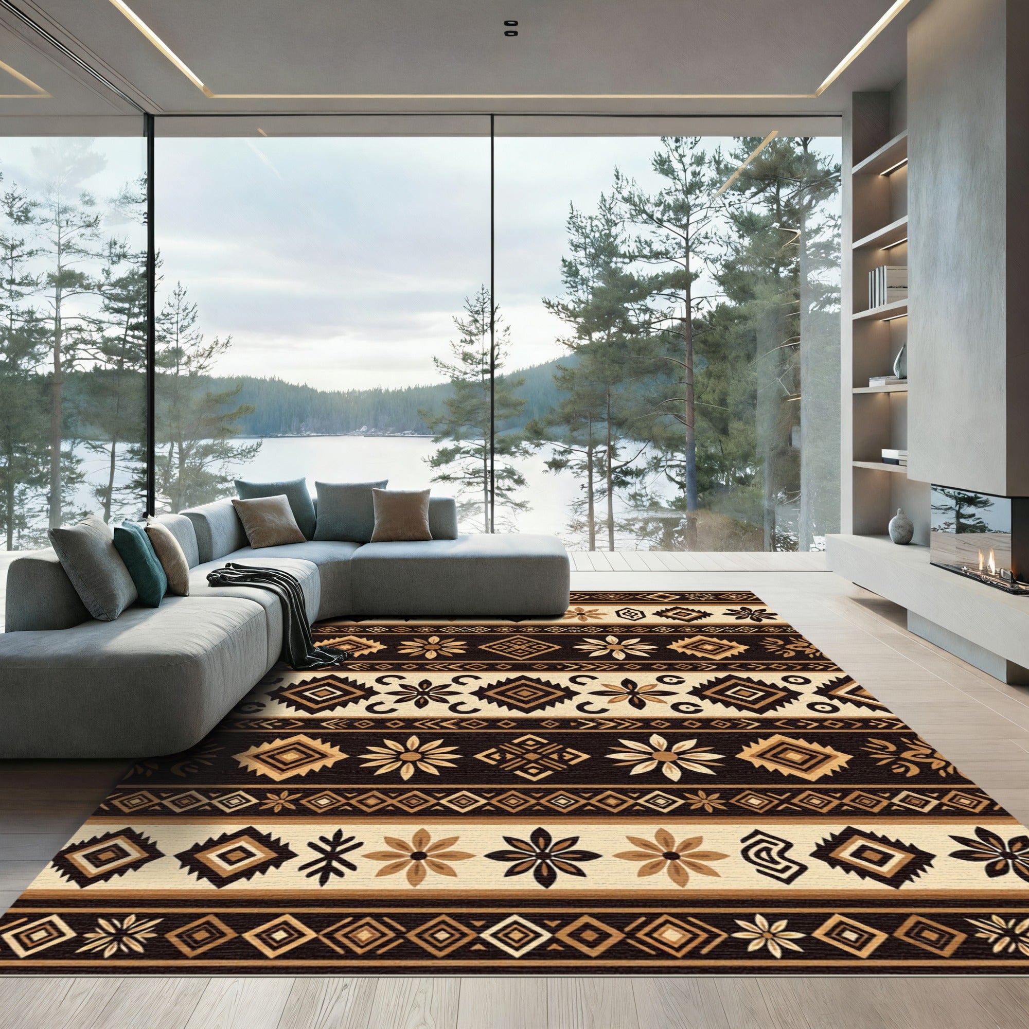 Earthy Brown Tribal Geometric Diamond Striped Rug