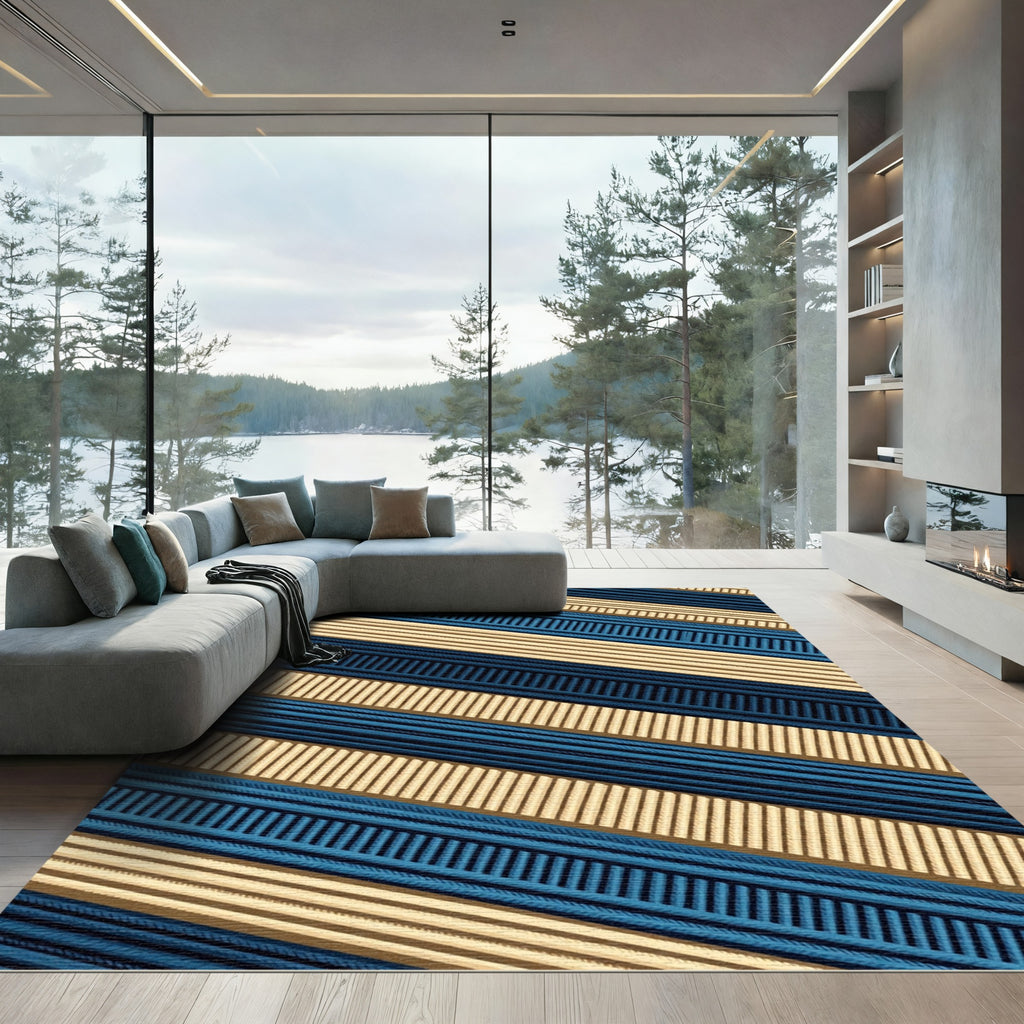 Navy and Beige Parallel Linear Texture Rug