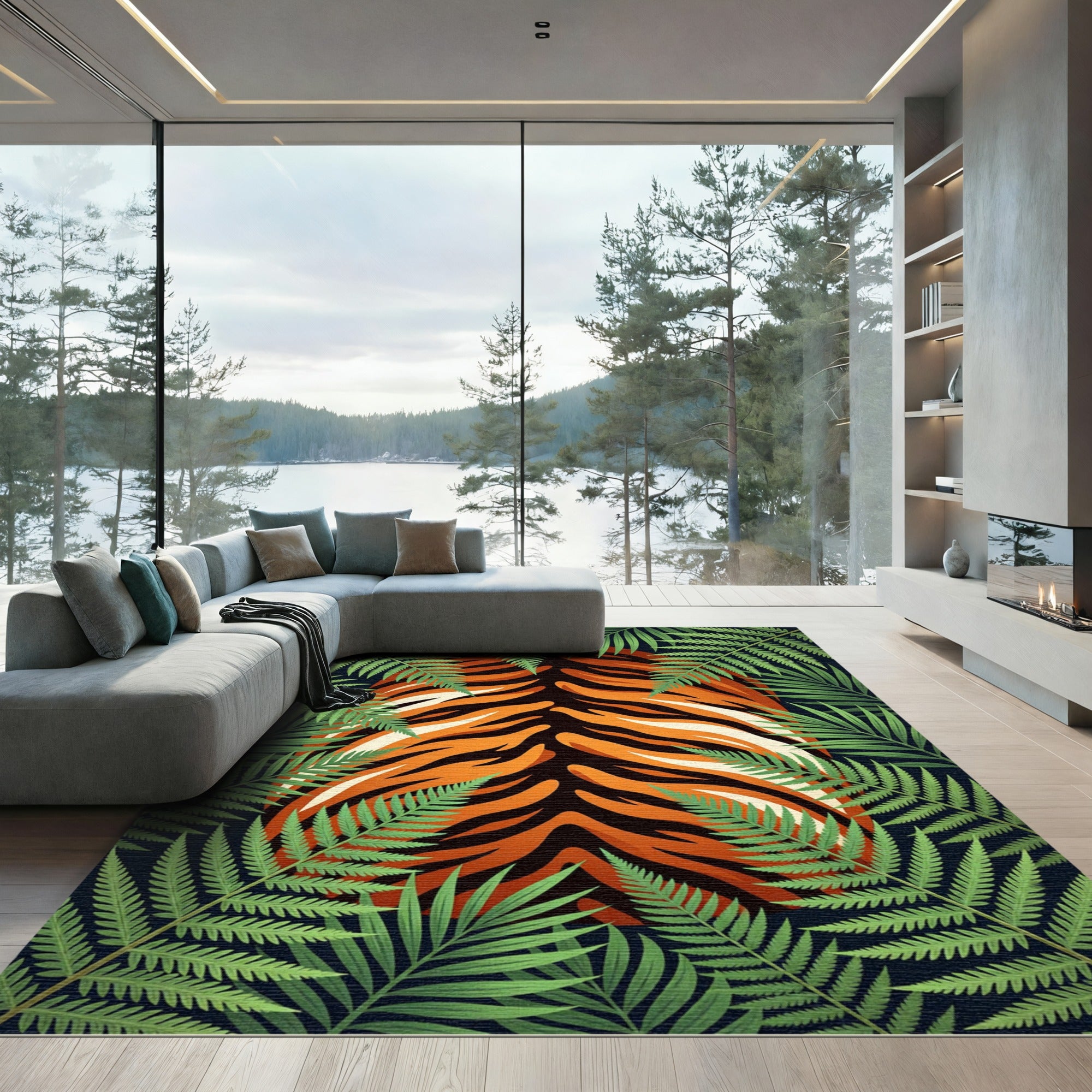 Bold Tropical Tiger Jungle Foliage Rug