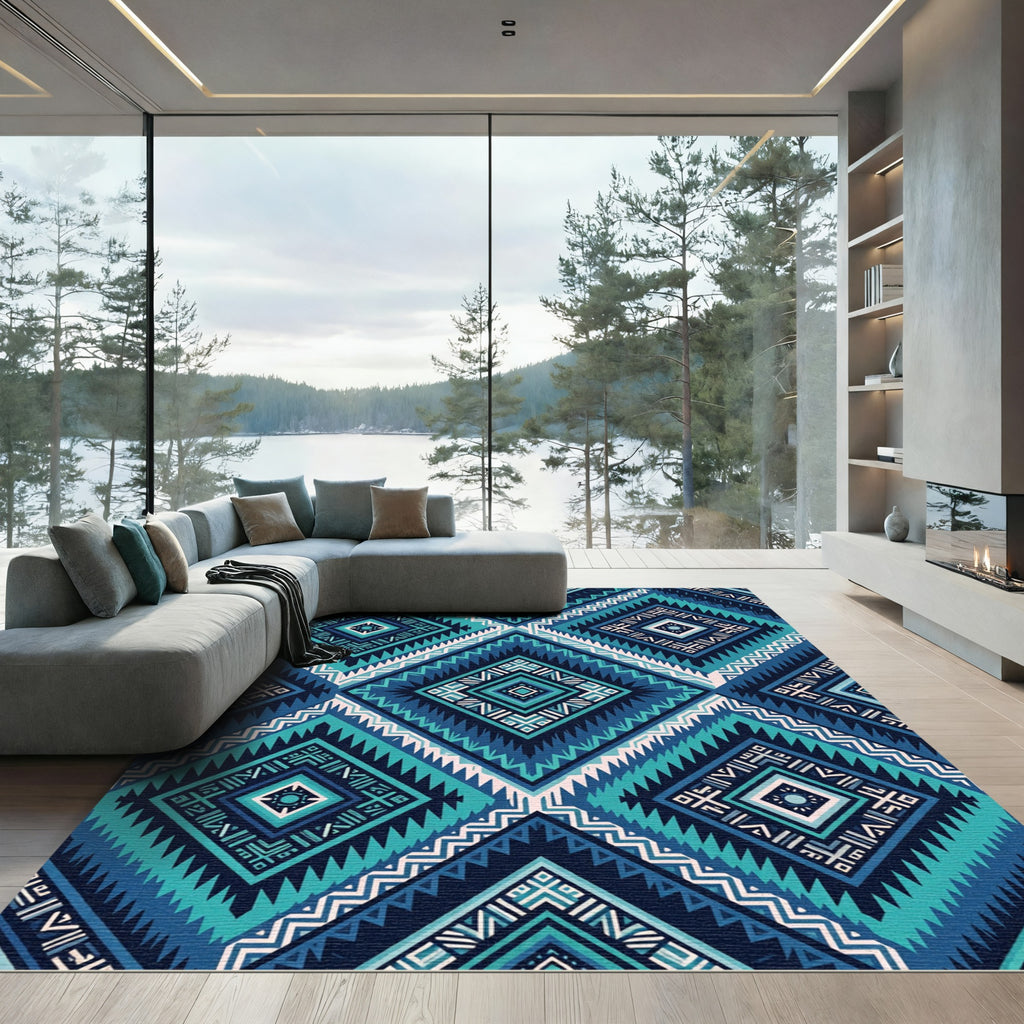 Blue Geometric Aztec Diamond Echo Rug